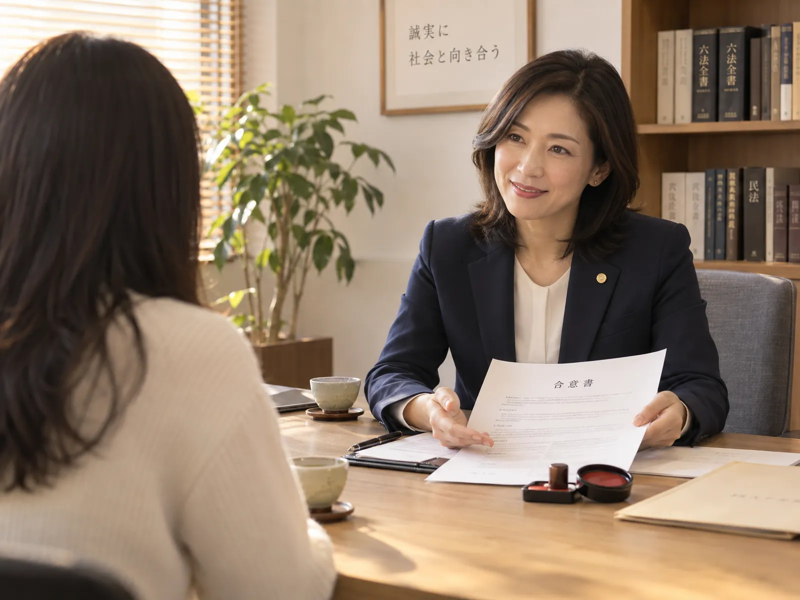 顧問弁護士が合意書を示しながら相談に応じる
