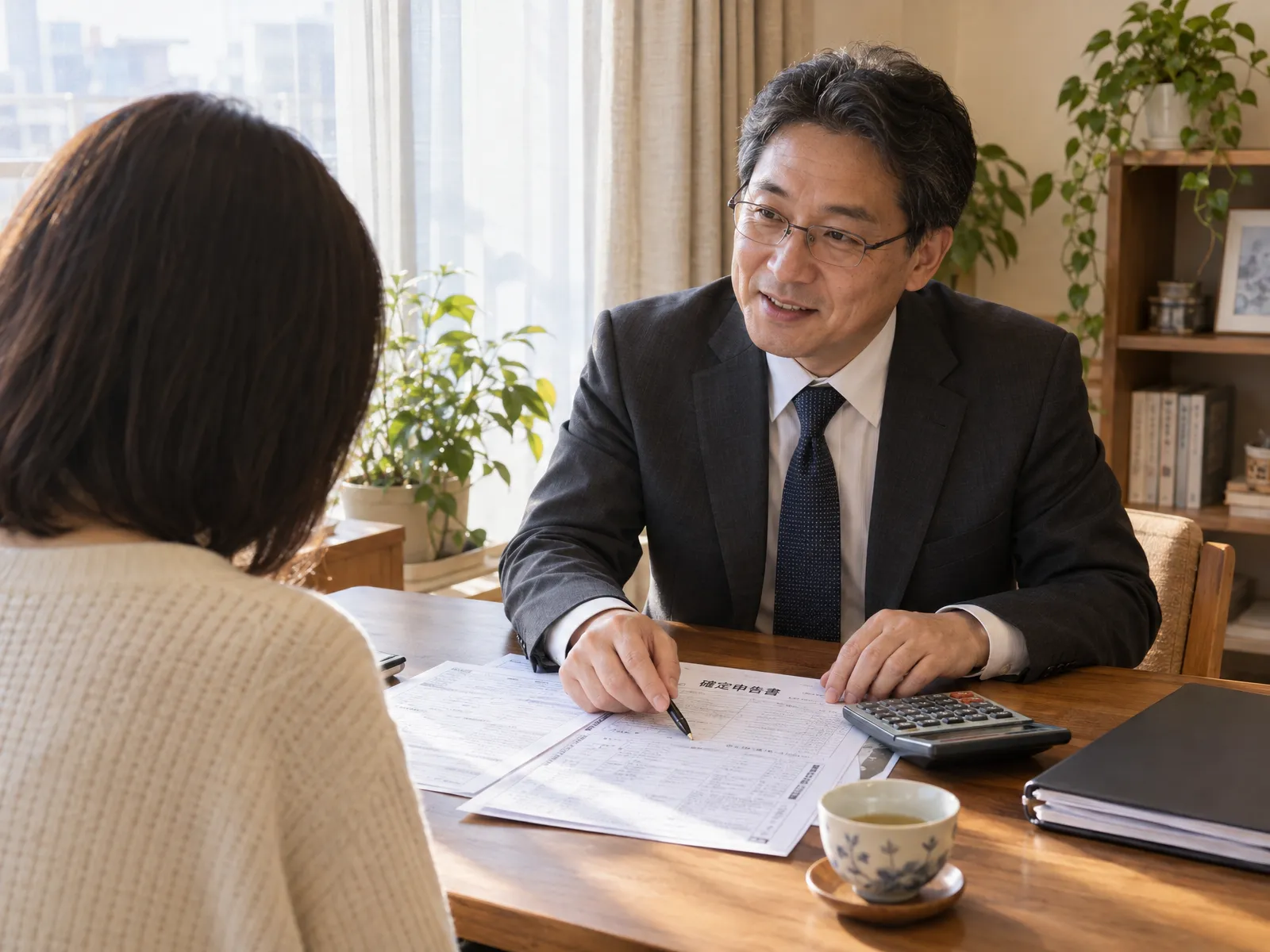 税理士が確定申告書を説明しながら相談に応じる